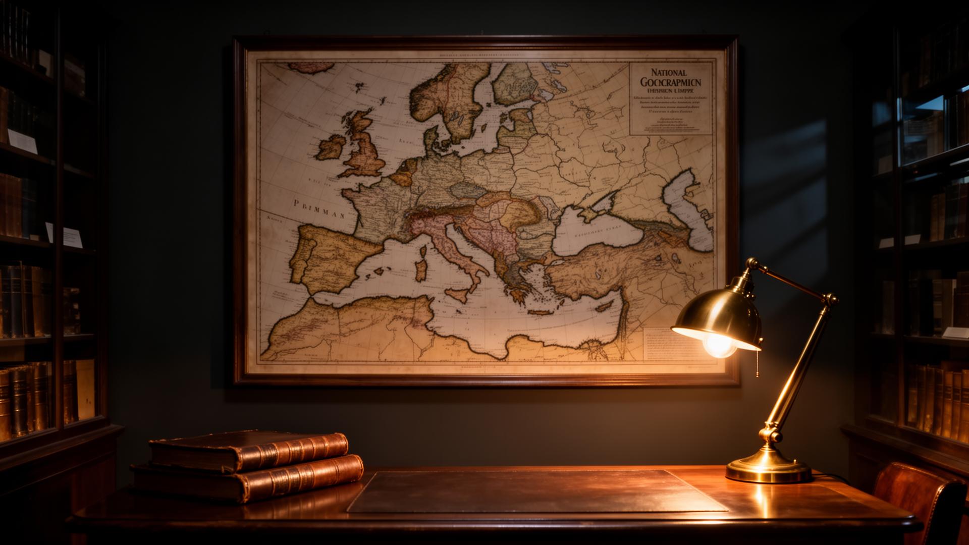 Framed antique empire map illuminated in a dark museum study