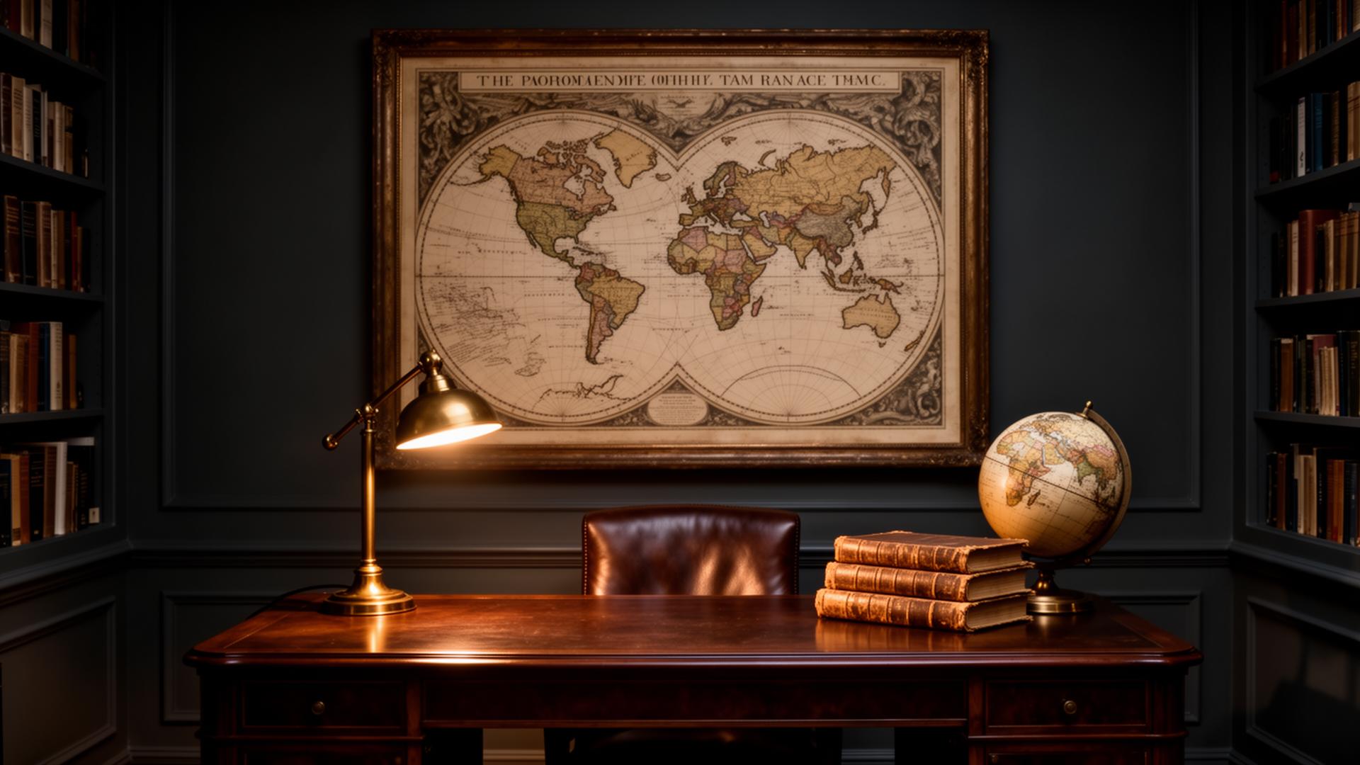 Empire map displayed above a walnut desk in a private library